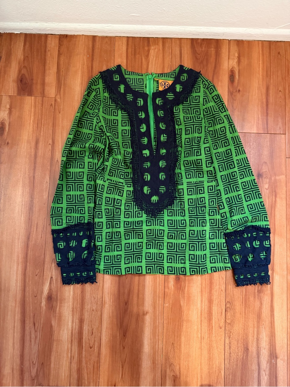 Tory Burch Green and Navy Geometric Tunic